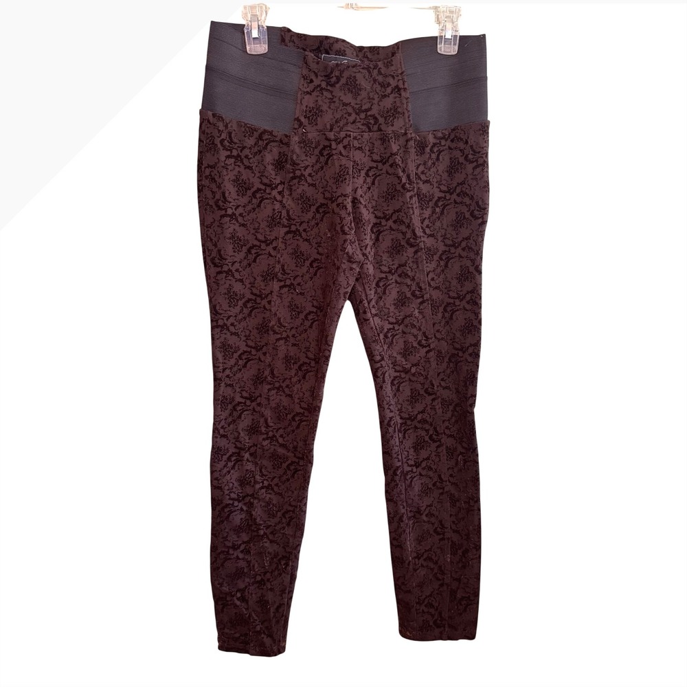 Ere Song Womens Brown Damask Flocked High Waisted Leggings Size M Floral Slim